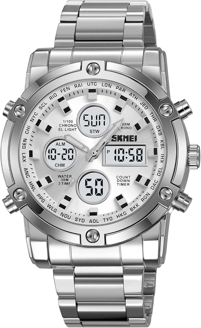 SKMEI 1389 Reloj para Hombre Militar Analógico Digital de Acero Inoxidable