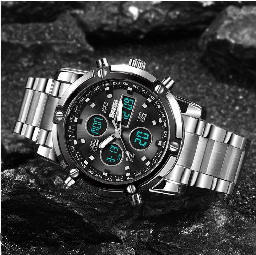 SKMEI 1389 Reloj para Hombre Militar Analógico Digital de Acero Inoxidable