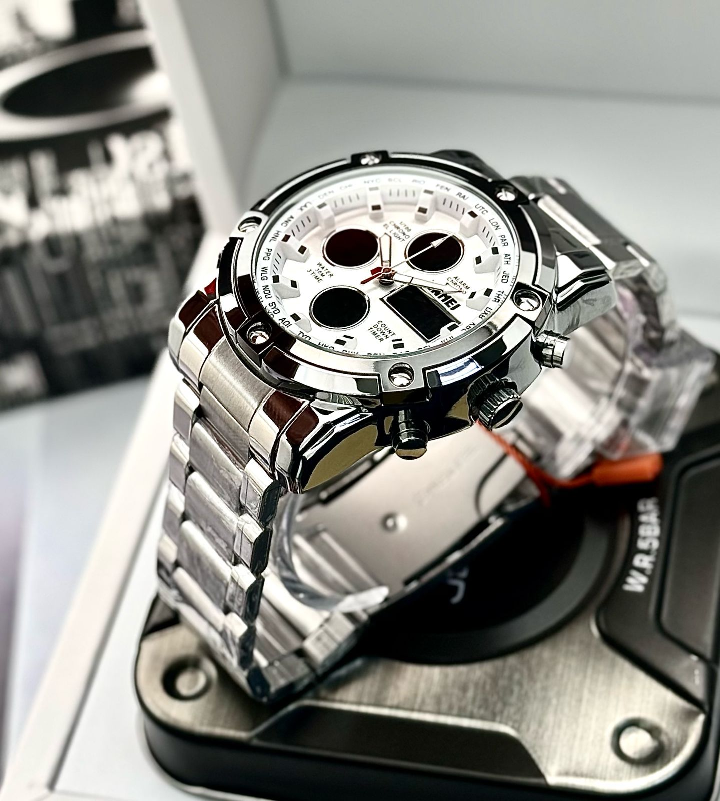SKMEI 1389 Reloj para Hombre Militar Analógico Digital de Acero Inoxidable