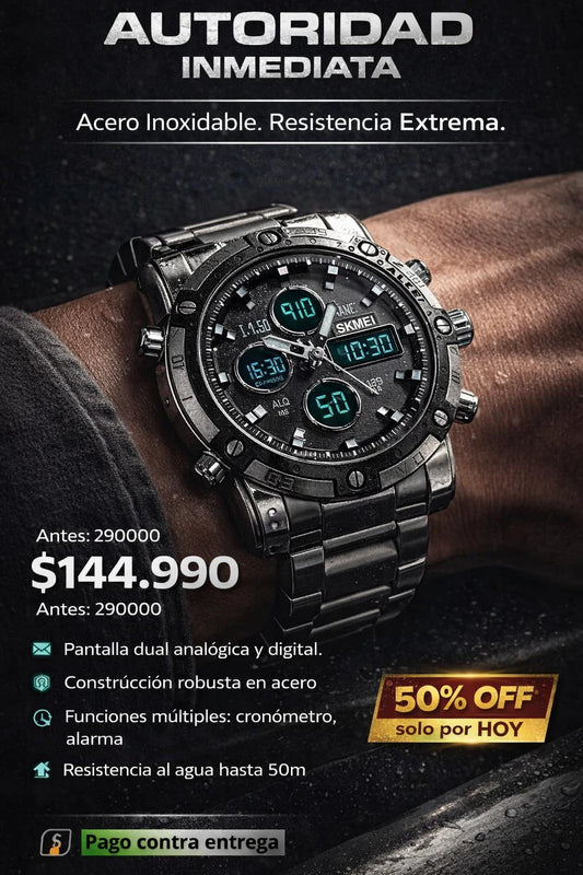 SKMEI 1389 Reloj de Pulsera para Hombre Militar Analógico Digital de Acero Inoxidable