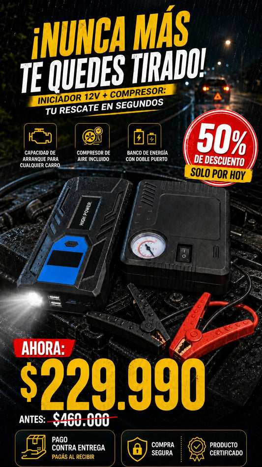 Iniciador de Batería Multifuncional High Power 12V con Compresor