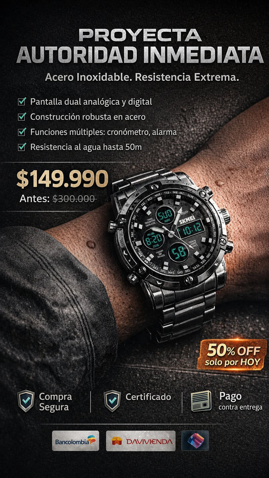 SKMEI 1389 Reloj de Pulsera para Hombre Militar Analógico Digital de Acero Inoxidable