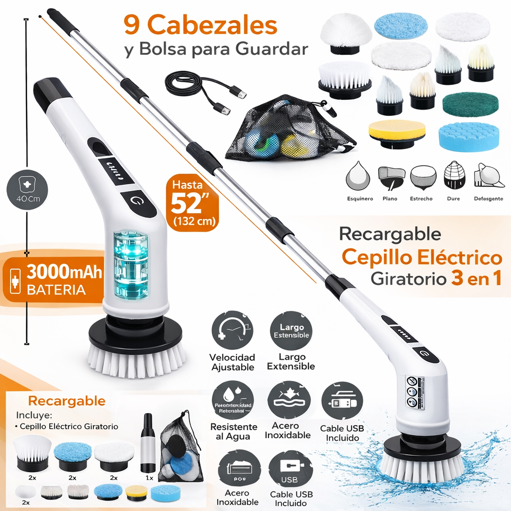 TurboClean Pro™ – Cepillo Eléctrico Giratorio Inalámbrico 9 en 1