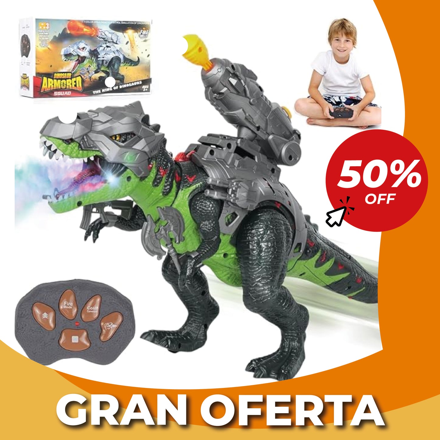 DinoRex🦖Dinosaurio a control remoto que Escupe Niebla y Brilla en la Oscuridad