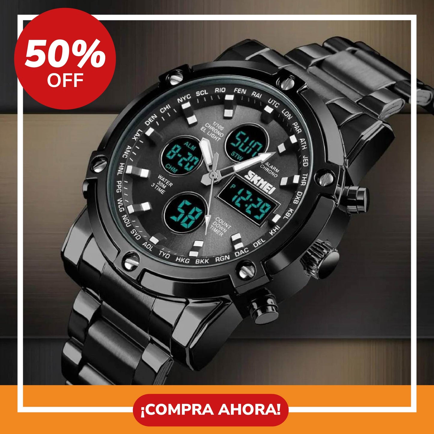 SKMEI 1389 Reloj para Hombre Militar Analógico Digital de Acero Inoxidable